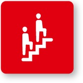赤色の背景に階段を上る2人の人物が描かれた図
