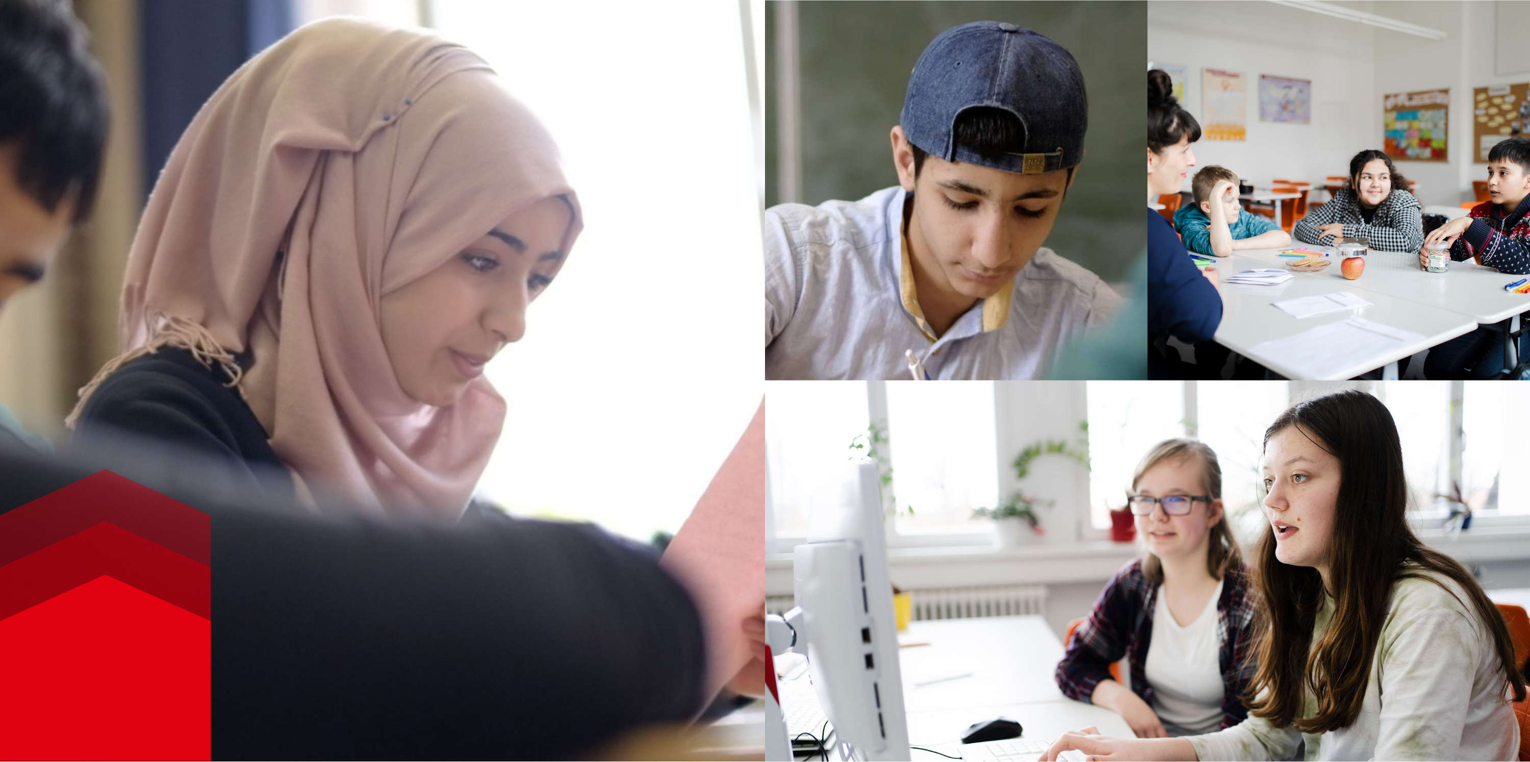 勉強をしている各国の子供たちのコラージュ写真