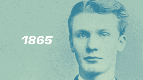 フリッツ・ヘンケルの各年代の姿を映すGIF動画。1865年17歳、1876年青年期、1895年髭をたくわえていた壮年期、1928年白髪で豊かな髭を蓄えた老年期の姿が年代順に映し出されている。