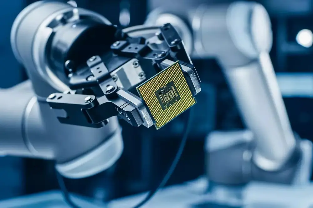 半導体製造環境において、自動機械を操作するロボットアーム。