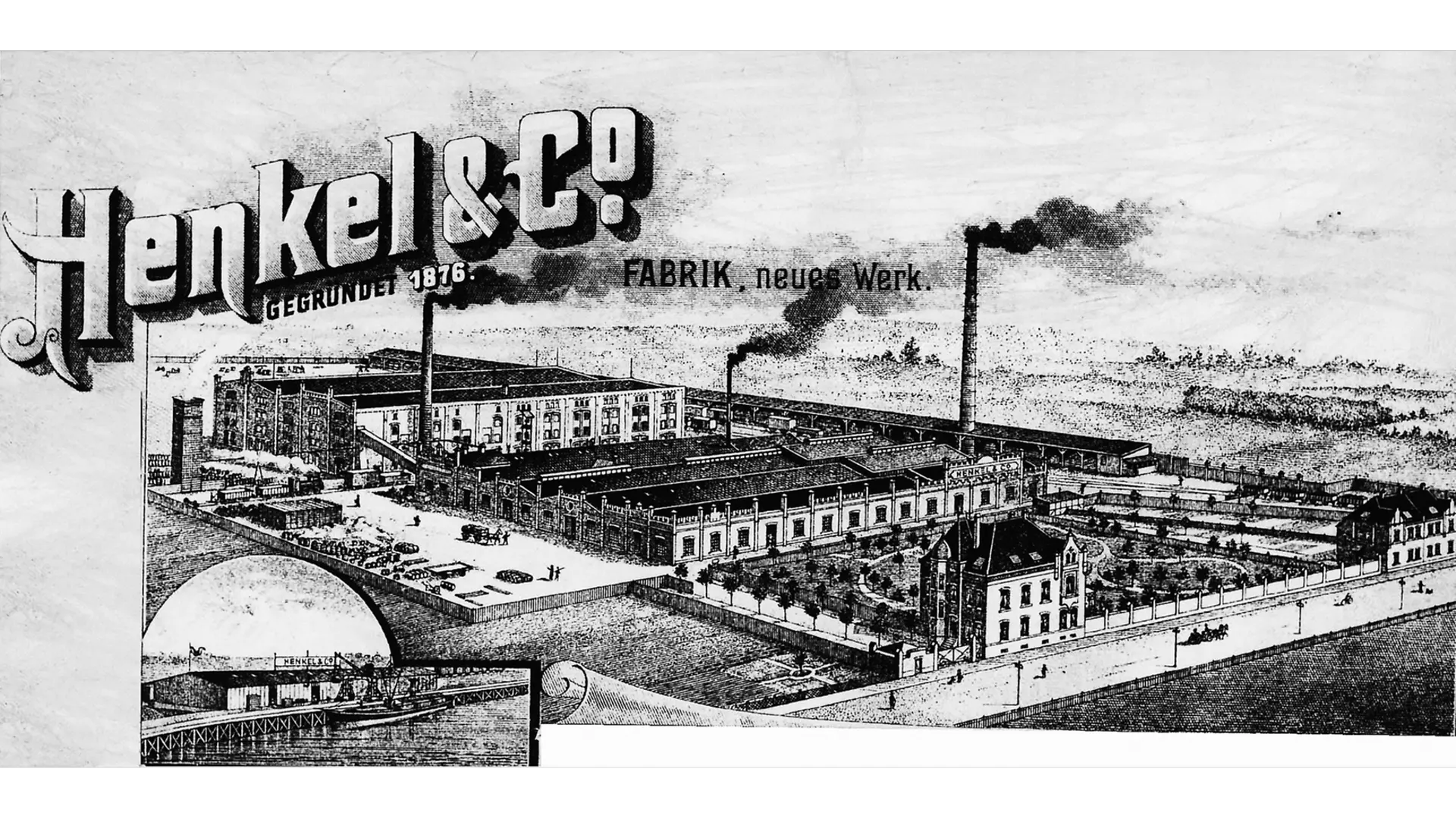 ホルトハウゼン工場の写真を配したヘンケルの社用箋。左下にライスホルツ港の一部が見える。