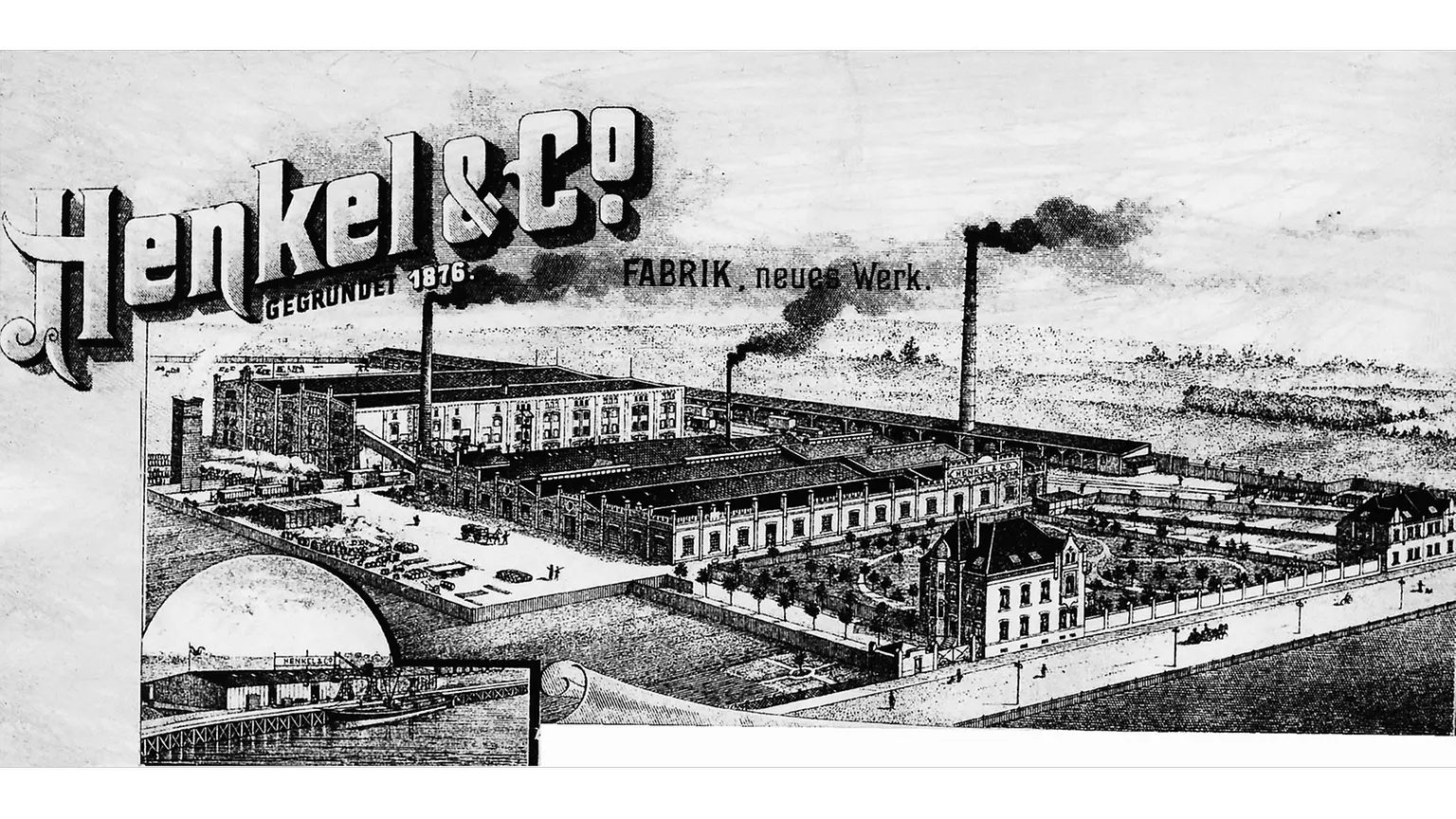 ホルトハウゼン工場の写真を配したヘンケルの社用箋。左下にライスホルツ港の一部が見える。