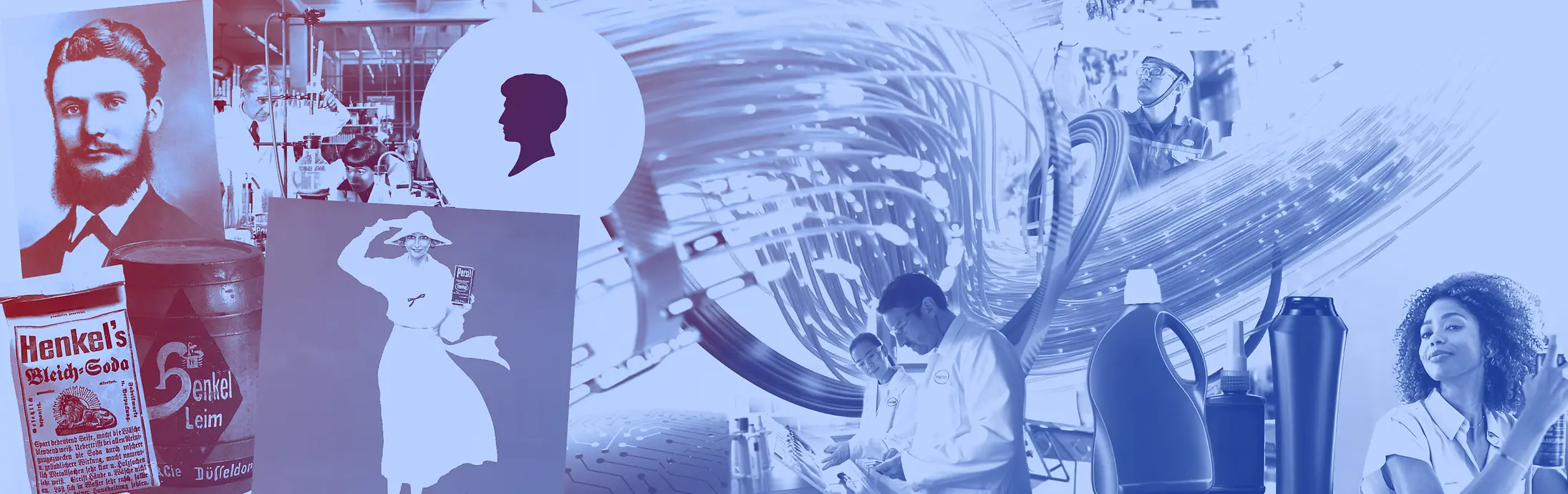 ヘンケルのこれまでの製品、洗剤ボトル、研究員、歴史的な広告が青いトーンでまとめられた、コラージュ画像。