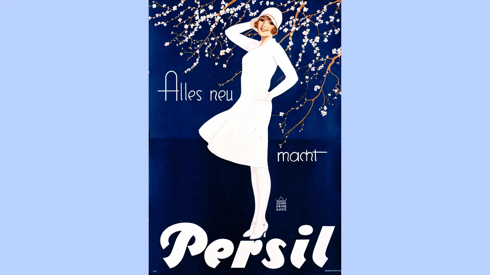 濃紺の背景に、桜の花とLady in White（白に身を包んだ女性）、キャッチフレーズ「Alles neu macht Persil （パーシルがすべてを新しくする）」が描かれています。