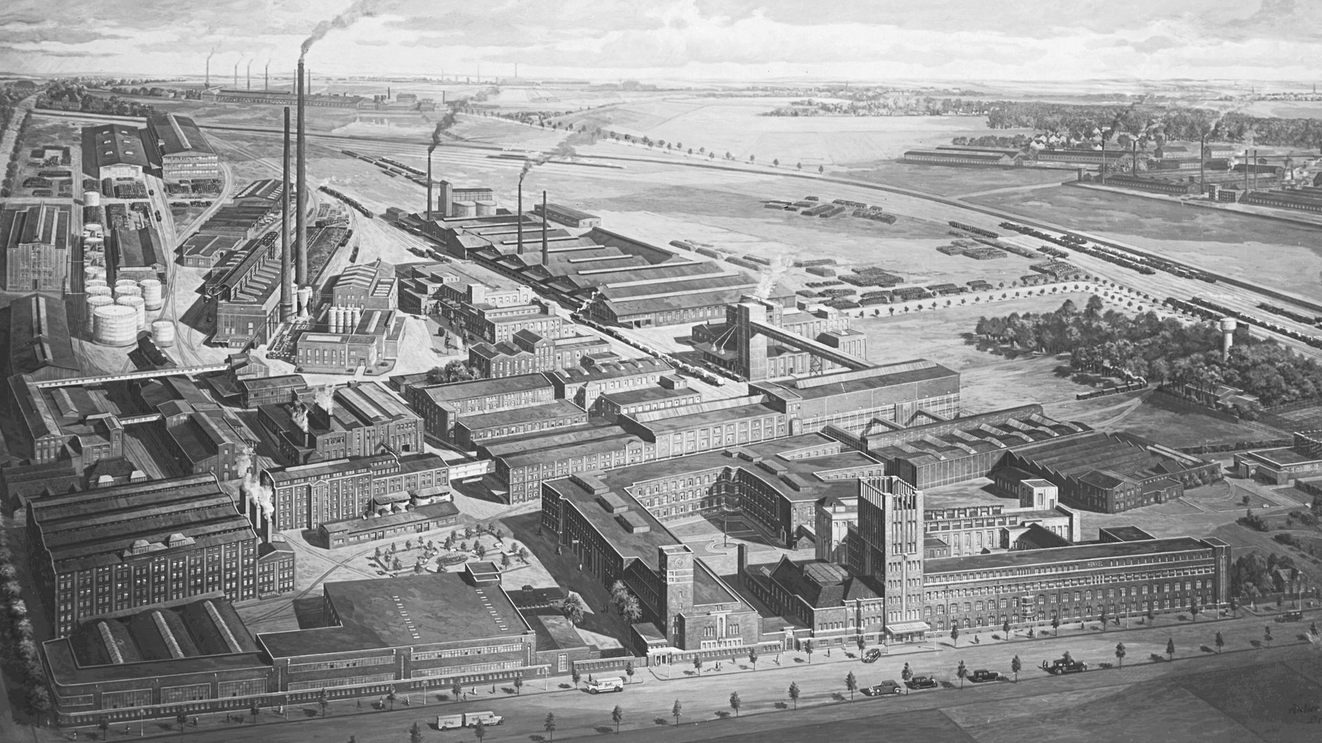 デュッセルドルフ市ホルトハウゼン地区の生産現場外観の絵。